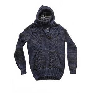 Leif Nelson Hooded Sweater - Knit Pullover Blue Sweater Mens L / 42 Knit Cable